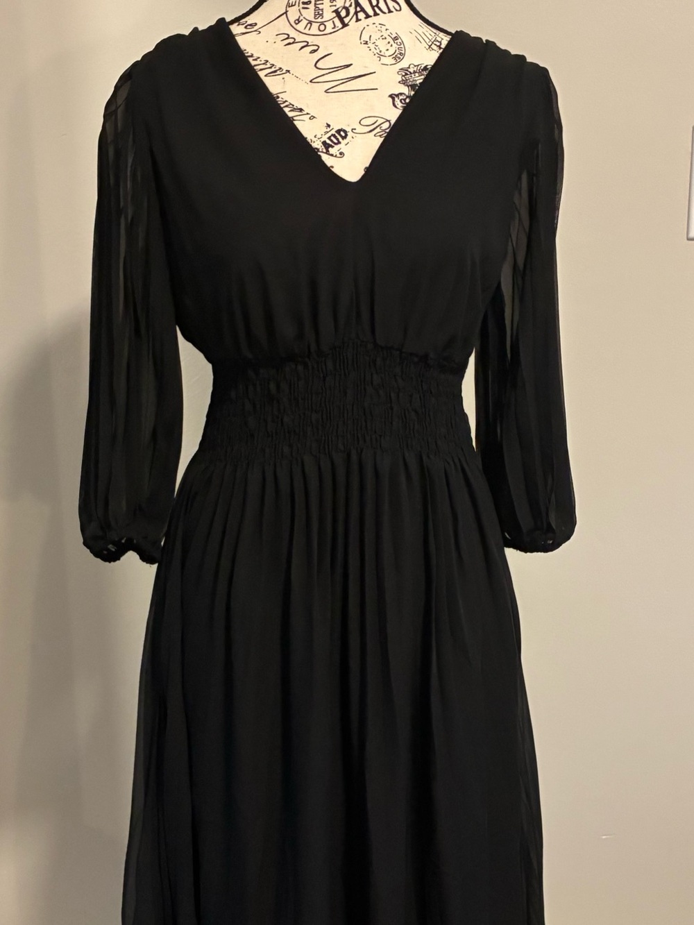 Pleated smocked-waist black midi dress. Sheer overlay. Size 4. Romantic. EUC